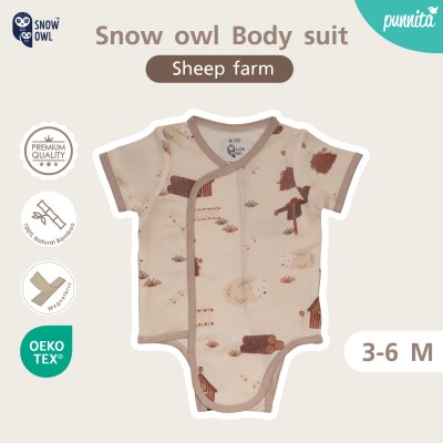 New Collection !! Snow owl  เสื้อป้ายแบบแปะ ชุดบอดี้สูท 3-6 M - Sheep farm  (วัสดุ ใยไผ่พรีเมี่ยม 100%)